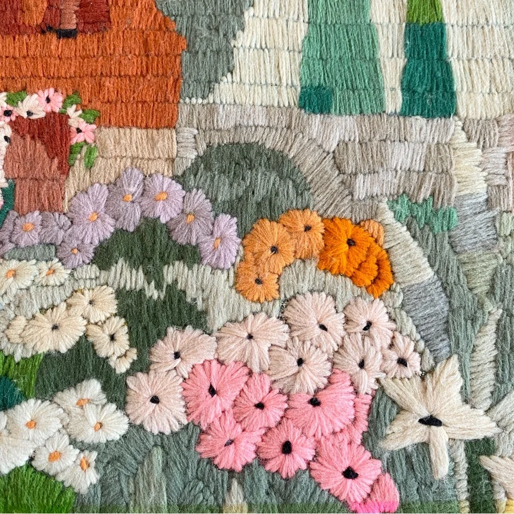 Vintage Handmade Cottage-core Longstitch Wall Fibre Art No Frame 13”x10.5” - Picture 6 of 8